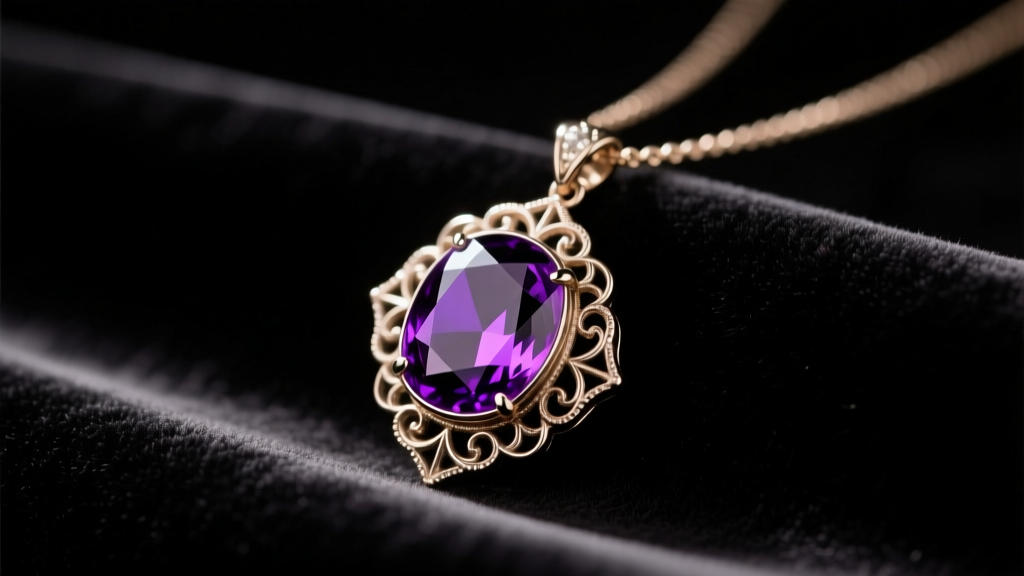 Vintage mood necklace pendant on dark velvet displaying a vibrant deep violet thermochromic color under soft warm studio lighting