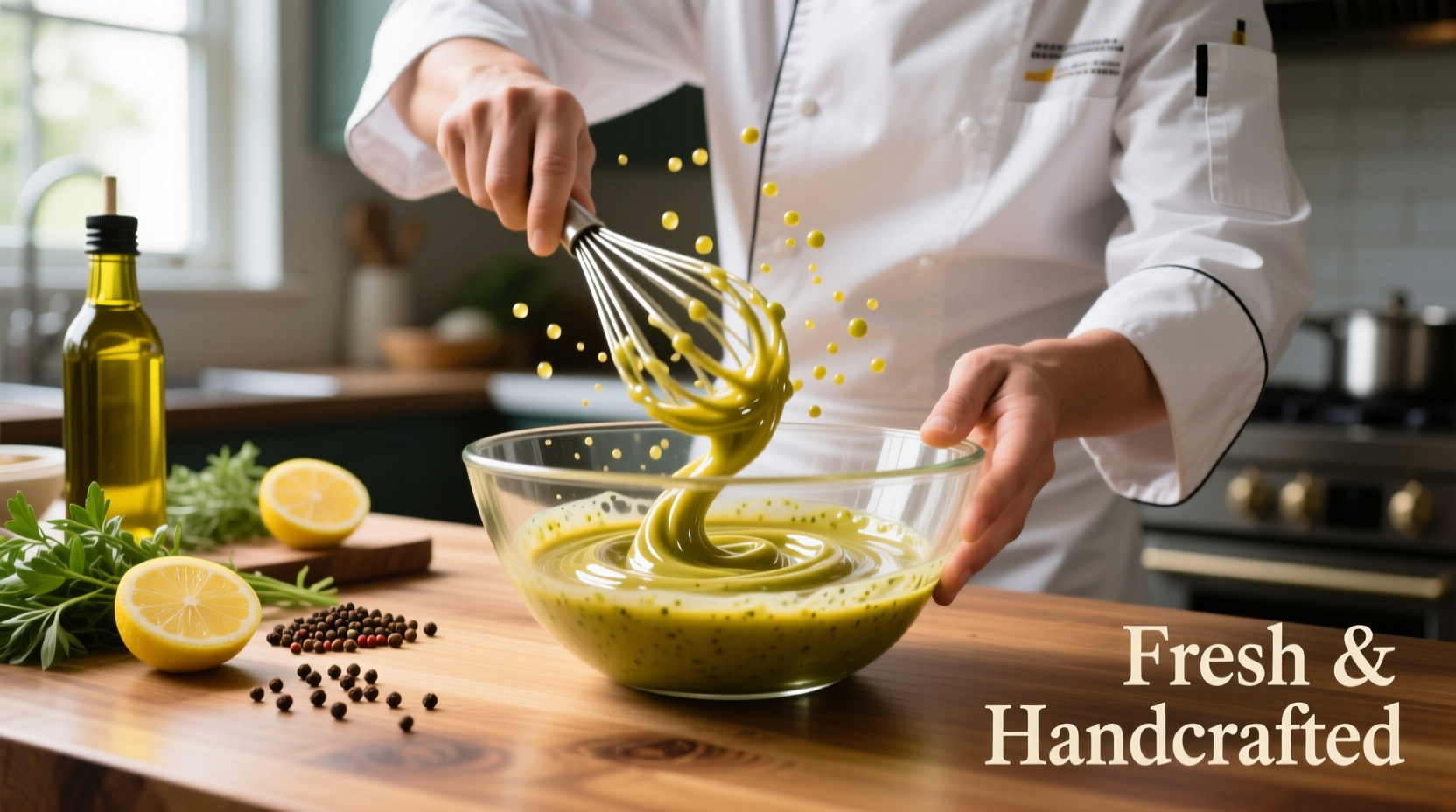 Chef whisking homemade dressing in glass bowl