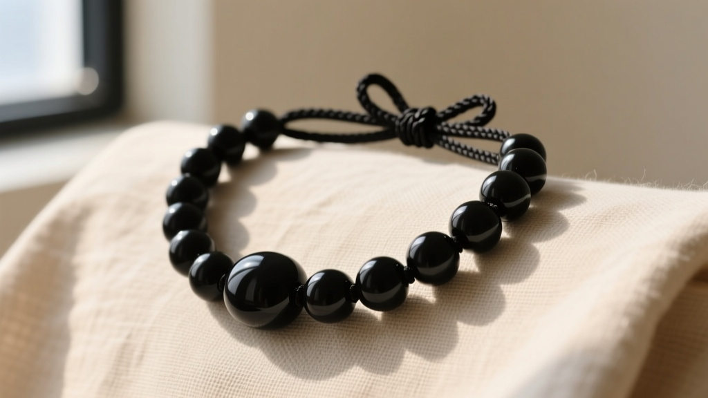 Macro shot of a beaded rope necklace with matte onyx beads on knotted black silk cord, draped elegantly over neutral linen fabric.