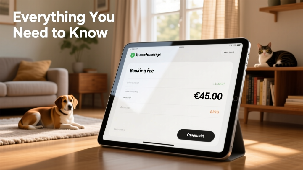 Screenshot-style illustration showing a clean, transparent checkout screen displaying the booking fee in local currency before final confirmation