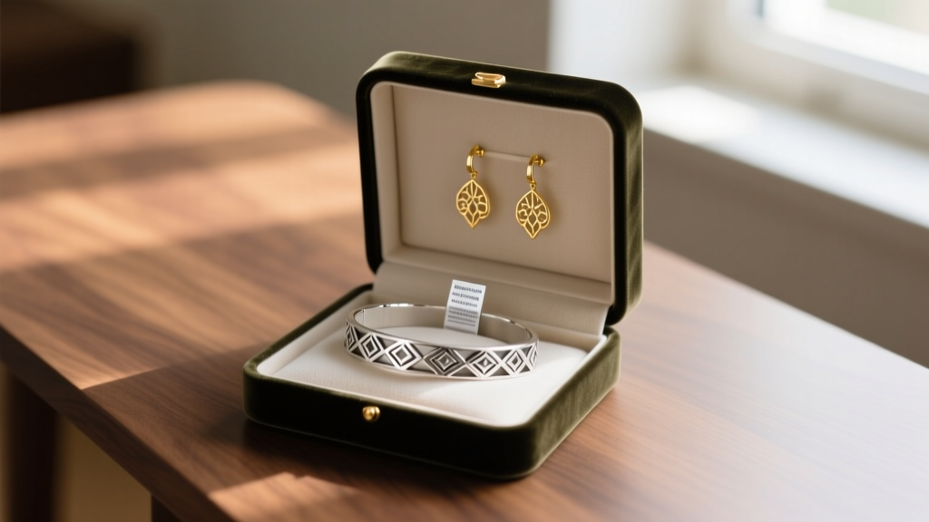 Velvet box displaying custom silver bracelet and gold earrings in a softly lit room on a wood desk with anti-tarnish strips visible