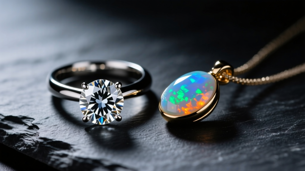 Macro shot of a diamond ring and opal pendant on dark slate, showing contrasting material textures under soft studio lighting