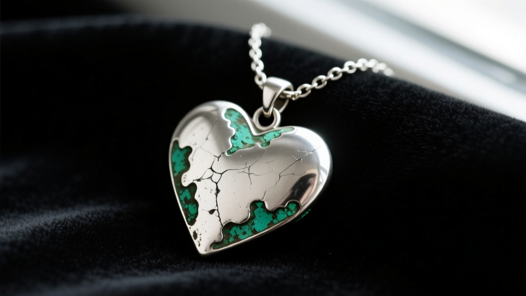 Tarnished silver Melanie Martinez Cry Baby heart pendant necklace on dark velvet showing green oxidation around the clasp jump ring