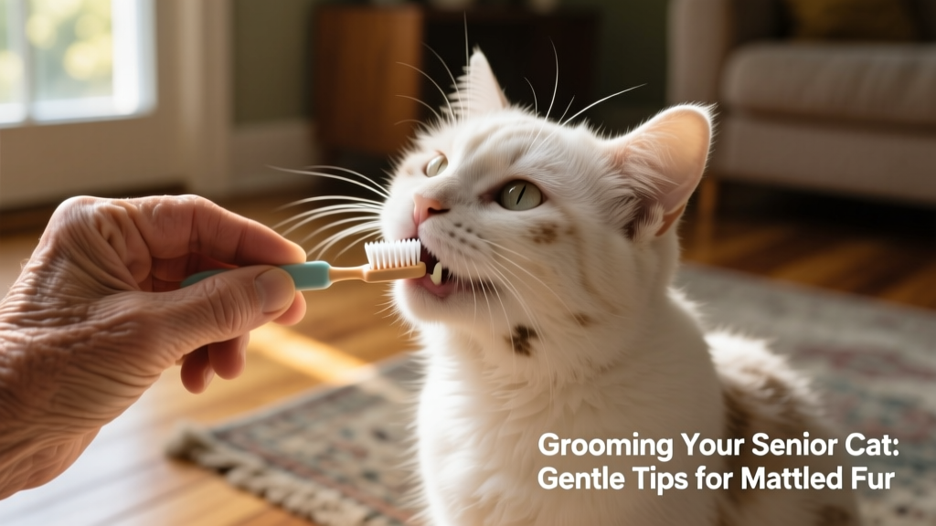 Close-up of a gentle hand brushing a senior cat's teeth with a small cat toothbrush