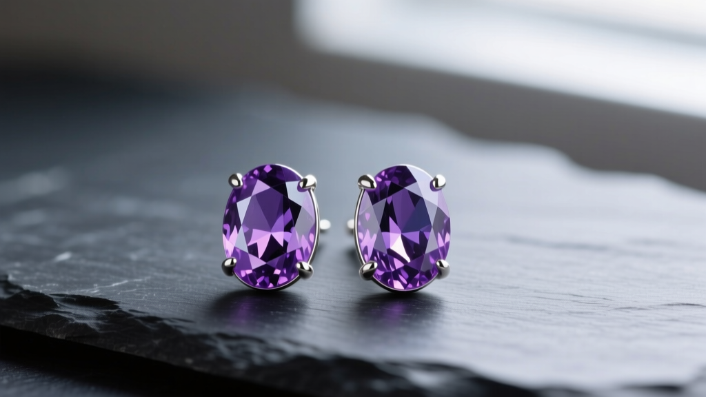 Close-up of oval purple sapphire stud earrings in platinum on dark slate, soft lighting showing vivid violet pleochroism