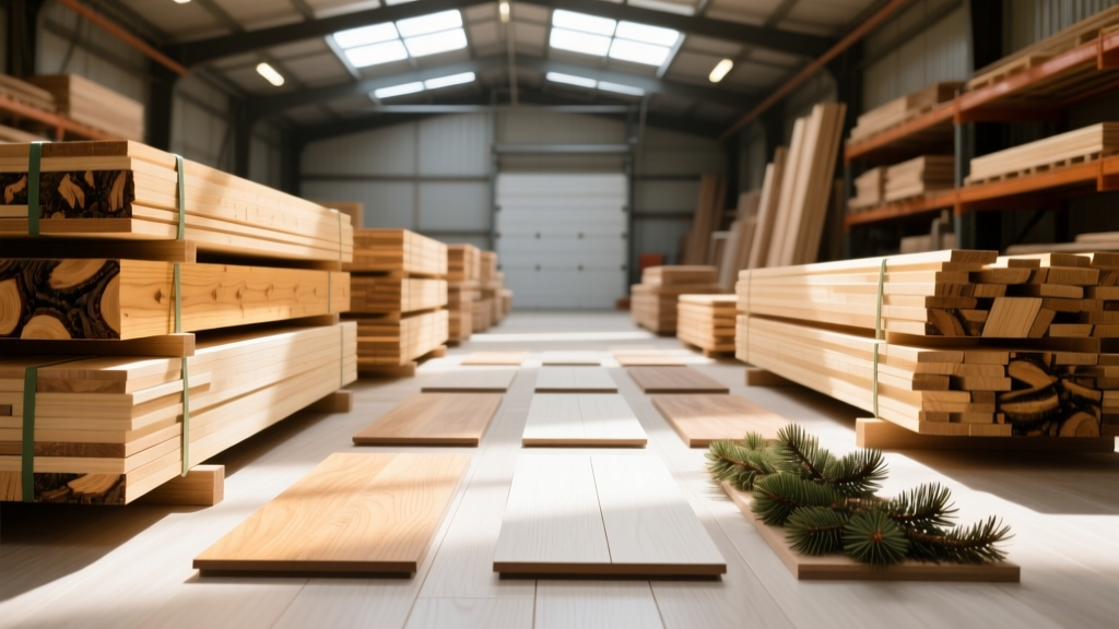 Stacked bundles of kiln-dried spruce-pine-fir dimensional lumber next to finished white oak flooring samples in a sunlit lumber yard warehouse