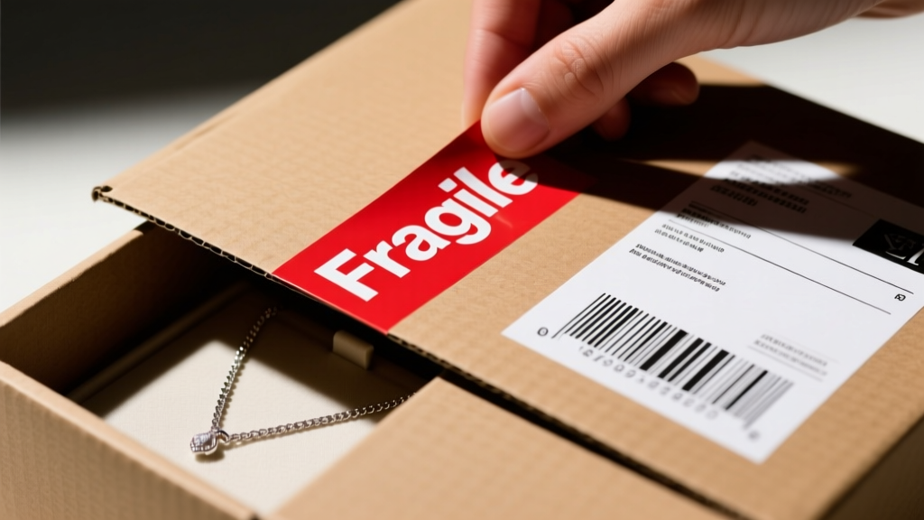 Close-up of a printed shipping label and a red fragile sticker being applied to a plain brown parcel containing fine jewelry.