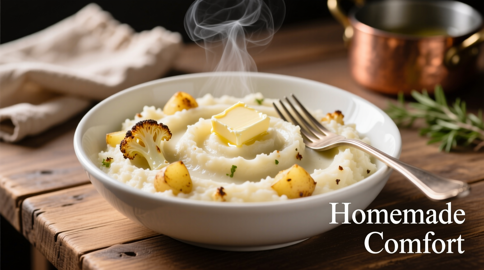Creamy potato cauliflower mash in white bowl