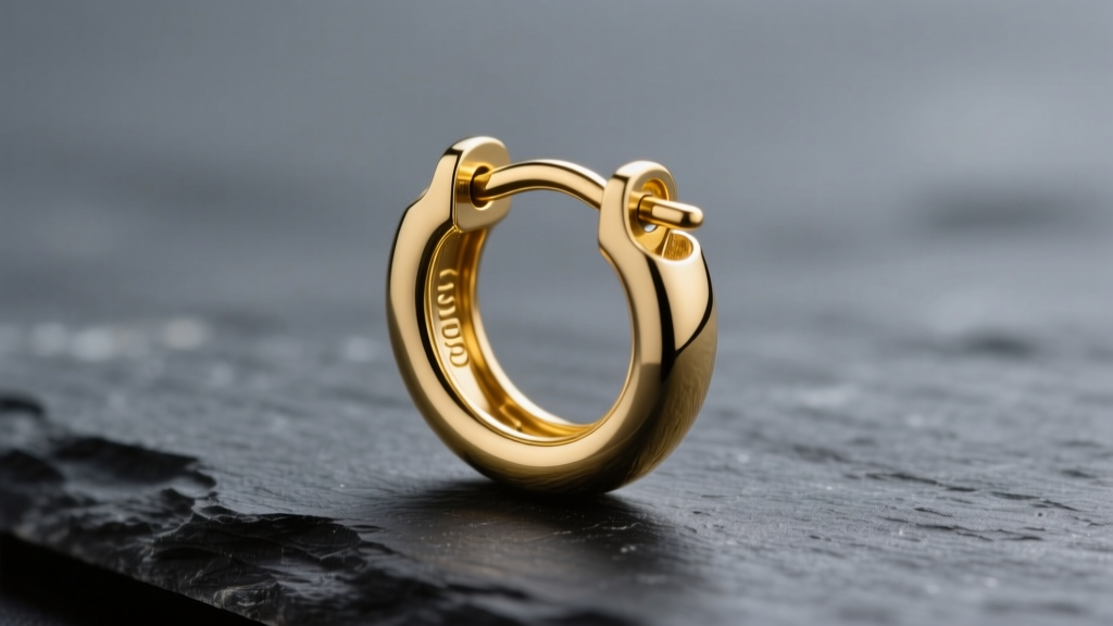 Close-up of a 10mm gold huggie hoop earring on dark slate, highlighting the tiny hinge and clasp under bright studio lighting.