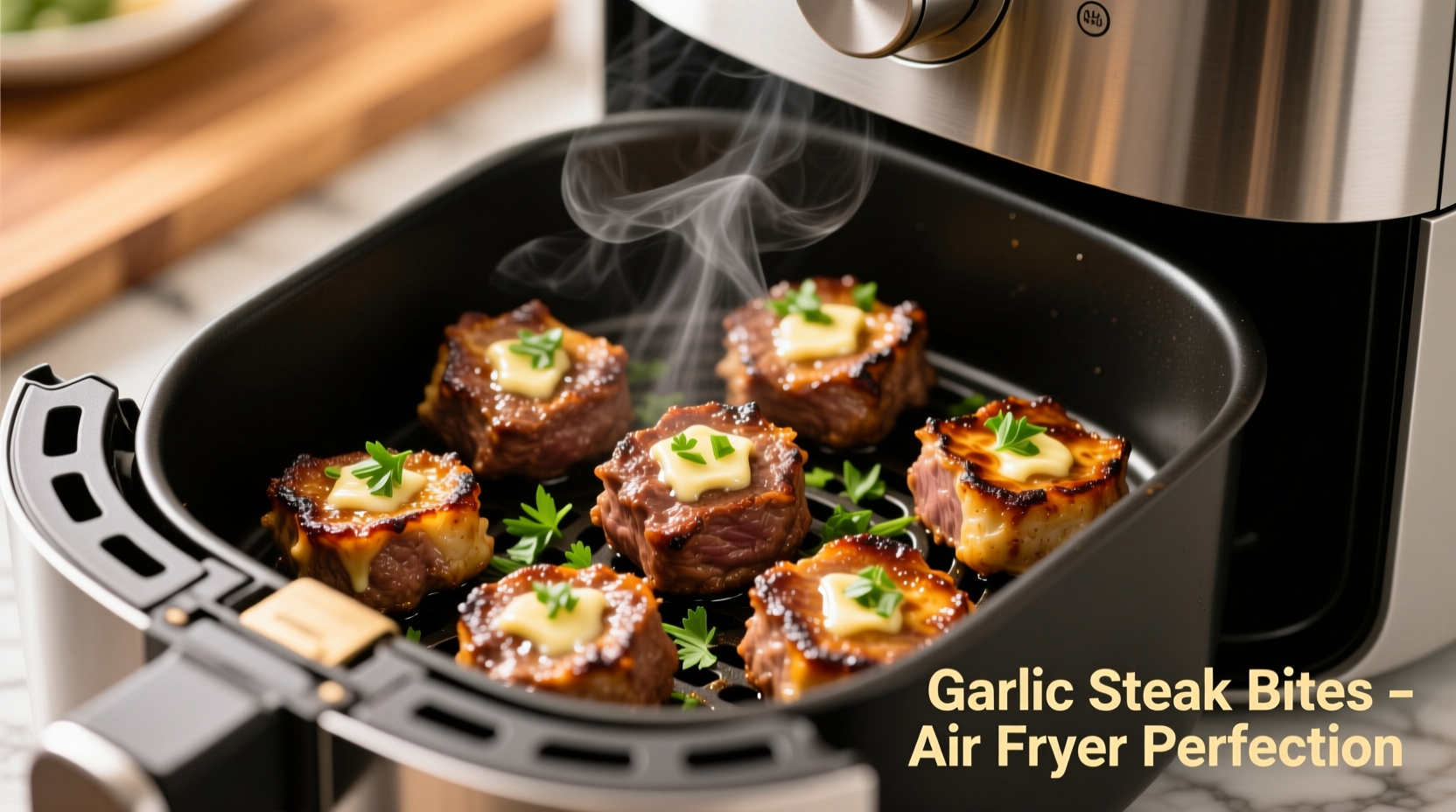 Golden-brown garlic steak bites in air fryer basket