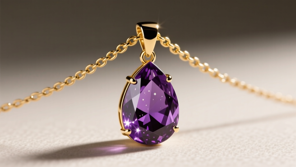 Close-up of a 1.5mm gold box chain threading through a reinforced bail on a heavy pear-cut amethyst gemstone pendant setting