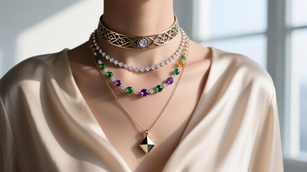 Portrait of a layered necklace stack featuring a choker, a dainty gemstone rosary chain, and a longer pendant necklace on silk.