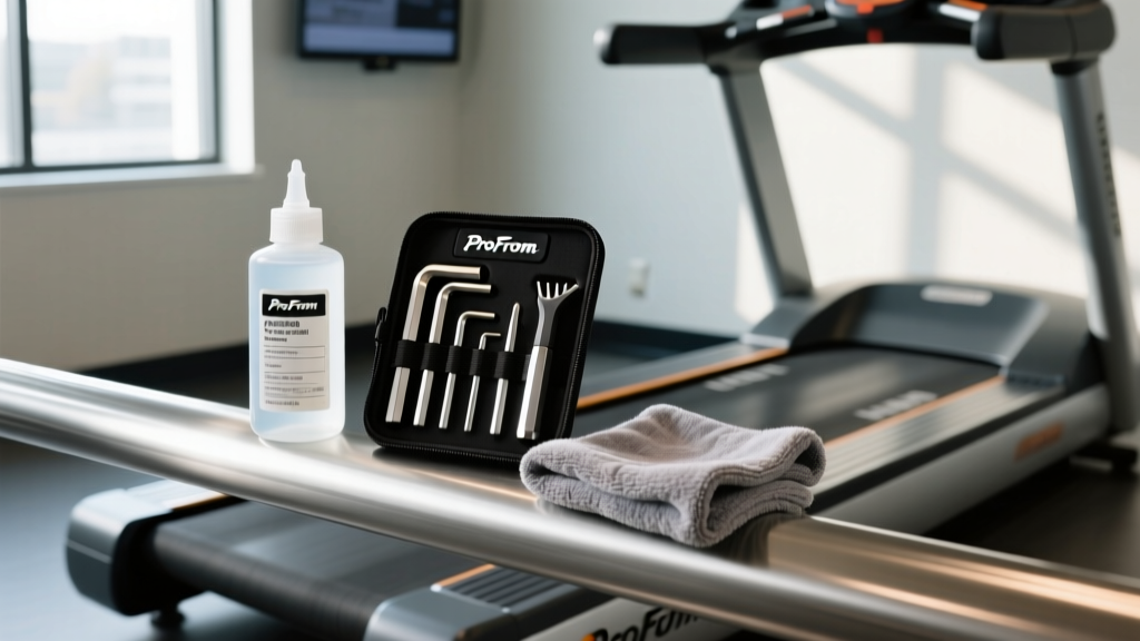 Maintenance kit with silicone lubricant, hex keys, and a microfiber cloth resting on the ProForm C500 stair climber base rail