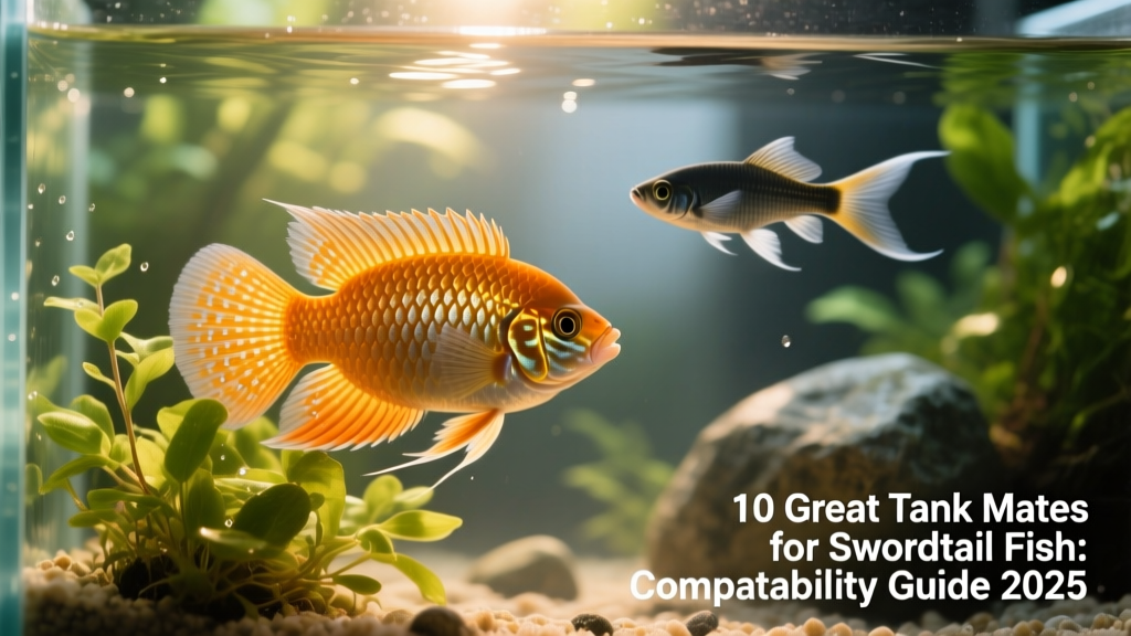 A male honey gourami flaring gently near floating plants while swordtails swim nearby