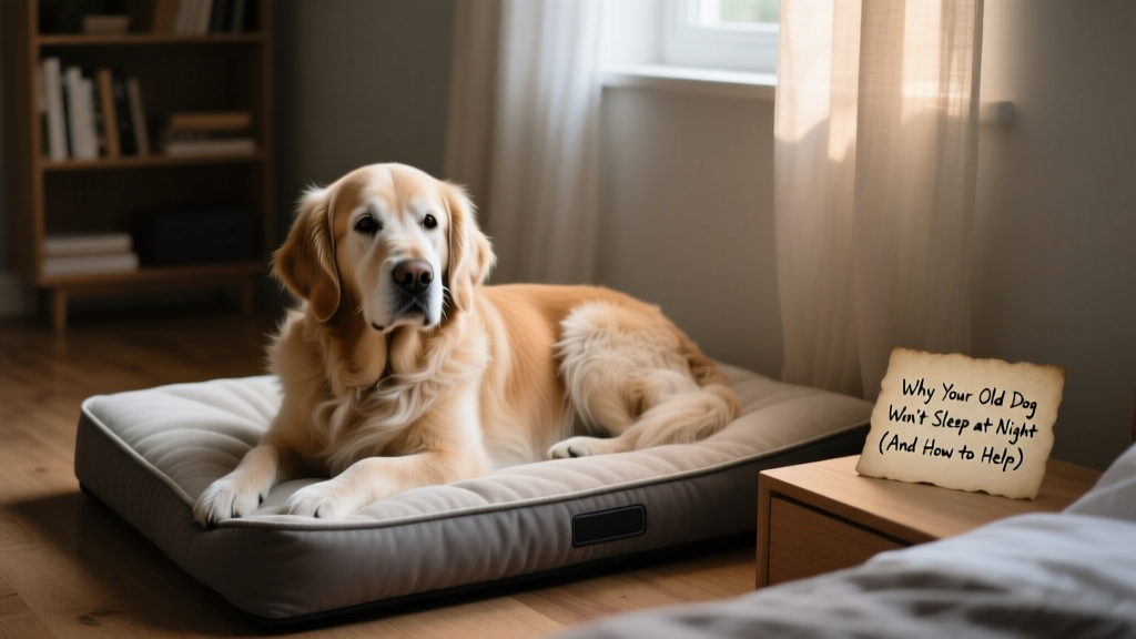 Senior golden retriever resting calmly on a soft orthopedic dog bed in a quiet, dimly lit room