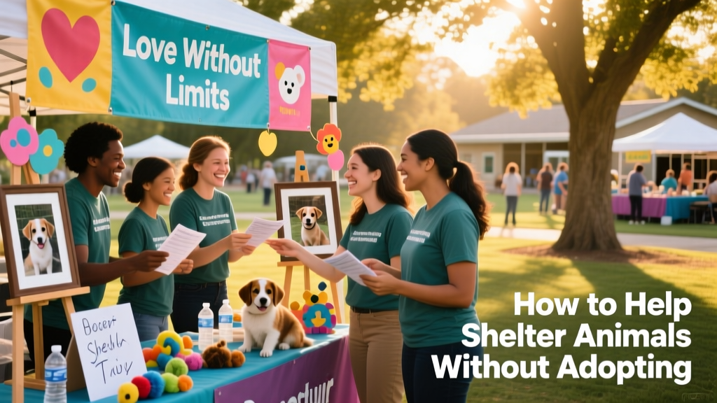 Group of diverse volunteers setting up colorful adoption fair booth with banners and pet photos