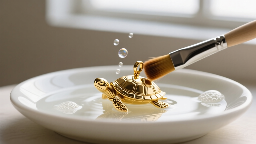 Soft brush gently scrubbing recessed details of a gold turtle pendant submerged in mild soapy water under bright natural lighting.