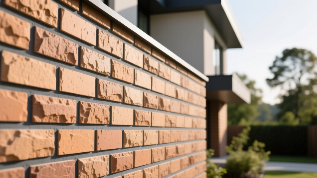 Modern home facade featuring warm-toned manufactured stone brick veneer installed in a running bond pattern with dark grey mortar joints