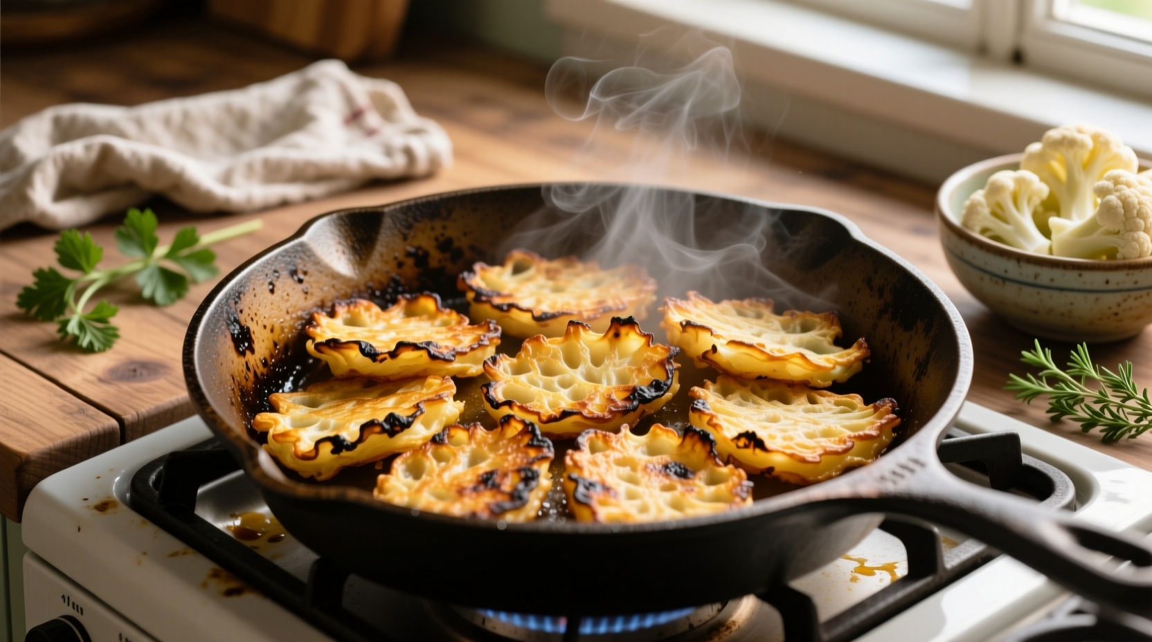 Golden brown cauliflower hash browns with crispy edges in skillet
