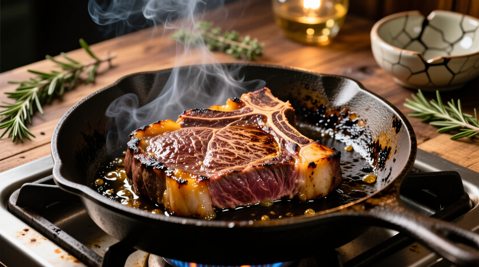 Thin ribeye steak searing in cast iron skillet