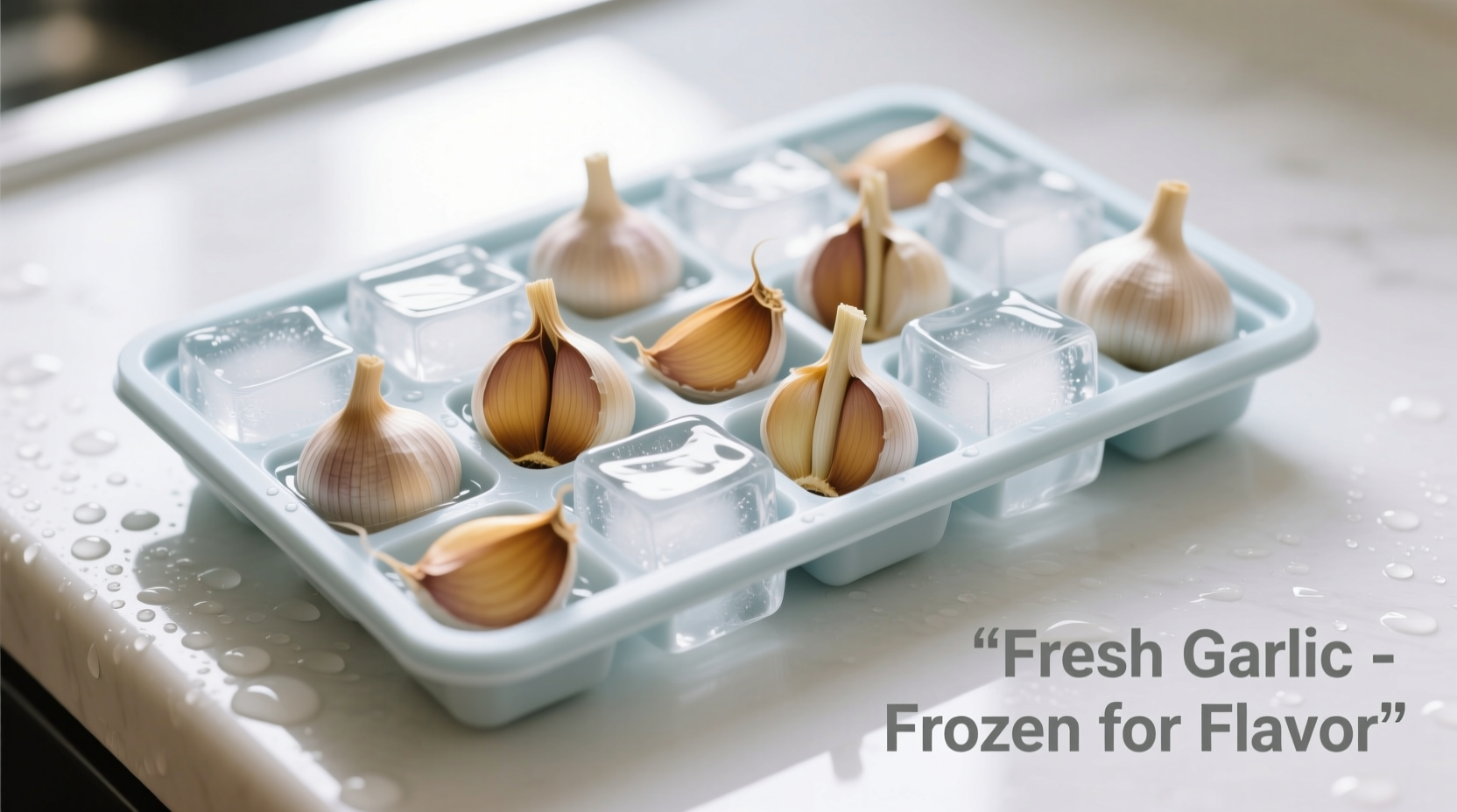 Fresh garlic cloves arranged for freezing in ice cube tray