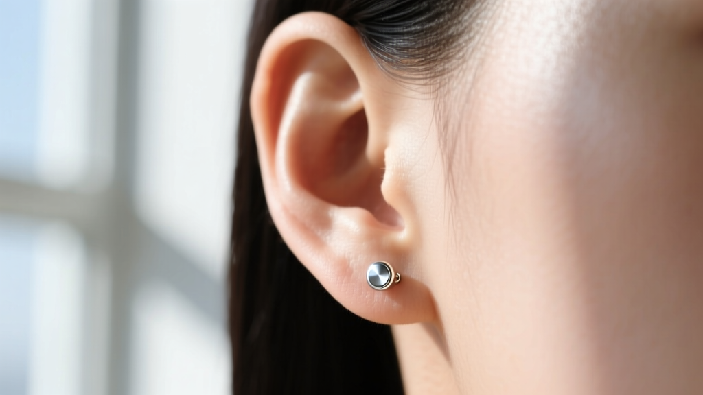 Ear lobe close-up wearing a 10k white gold labret stud, showing clear skin with zero redness or signs of a nickel allergy.