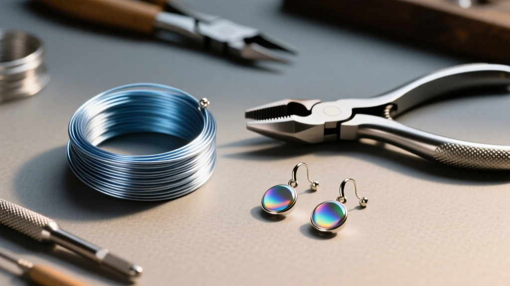 Workbench displaying 20-gauge niobium wire, jewelry pliers, and finished diy earrings under warm, directional studio lighting.