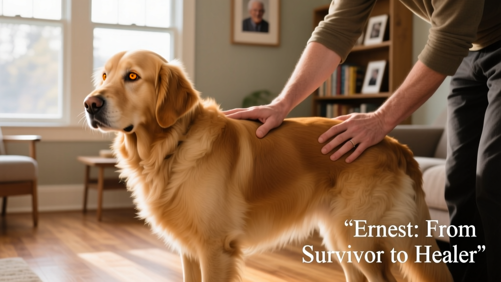 Ernest as a newly rescued Golden Retriever, standing tentatively beside his new caregivers