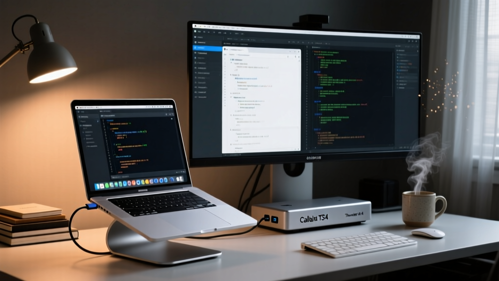 A sleek MacBook Pro resting on a Twelve South Curve stand, connected to a CalDigit TS4 dock running Ubuntu 22.04 on an external ultrawide monitor in a dimly lit developer workspace.