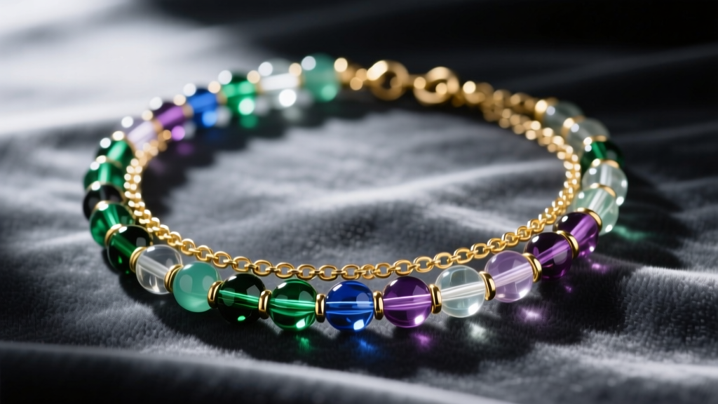 Macro shot of a multi-strand beaded necklace with glass beads and gold-plated brass hardware resting on dark velvet fabric
