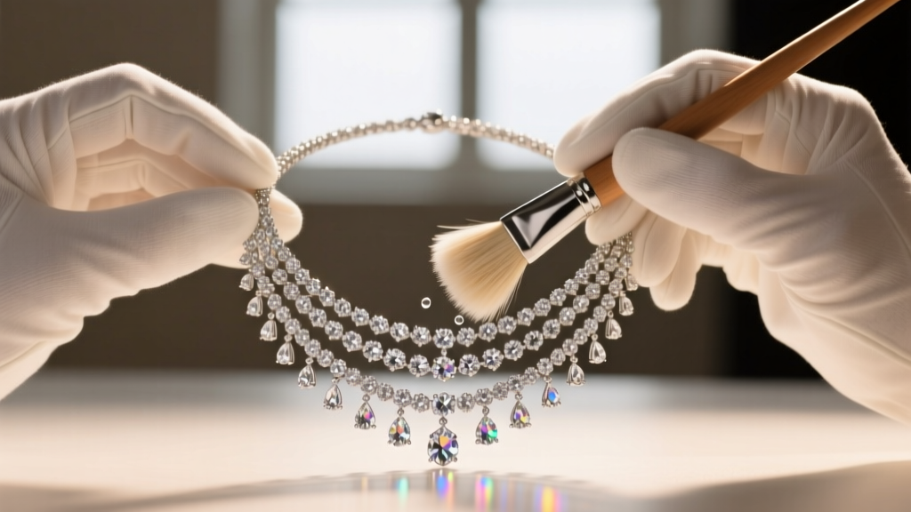 Close-up of gloved hands using a soft horsehair brush and mild enzymatic cleaner on a complex multi-strand diamond festoon piece