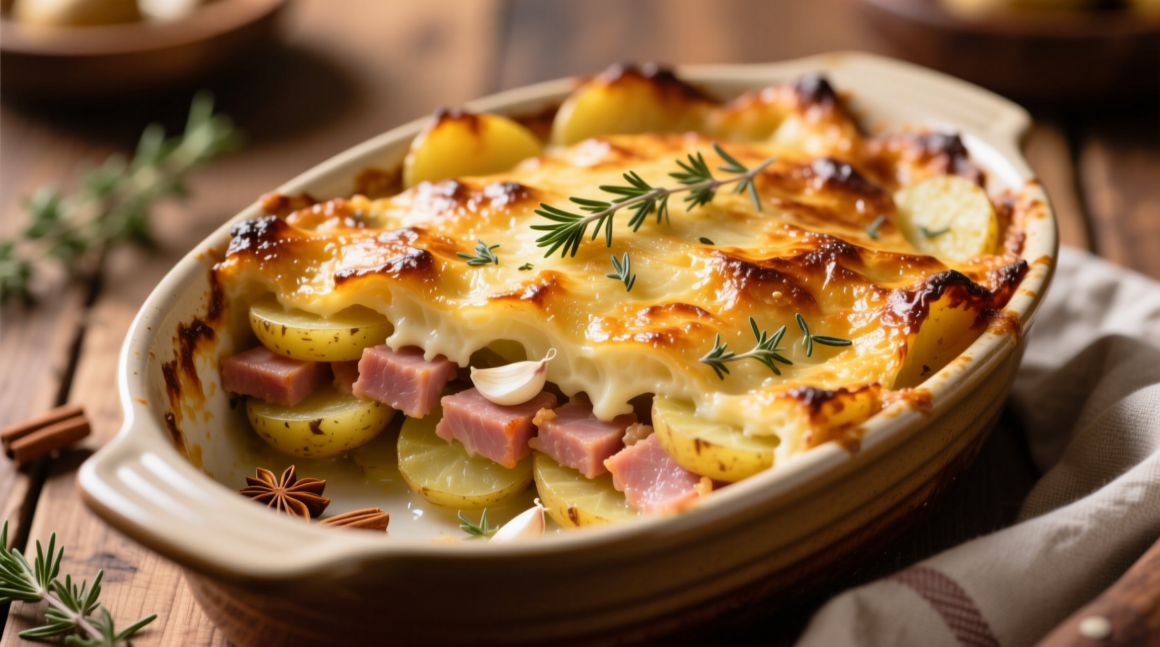 Golden potato and ham casserole with crispy top