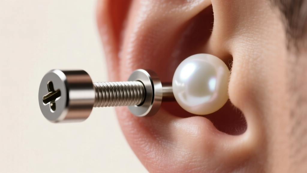 Macro side view of a thick titanium post securing a white pearl, highlighting a secure screw-back mechanism on a male ear lobe.