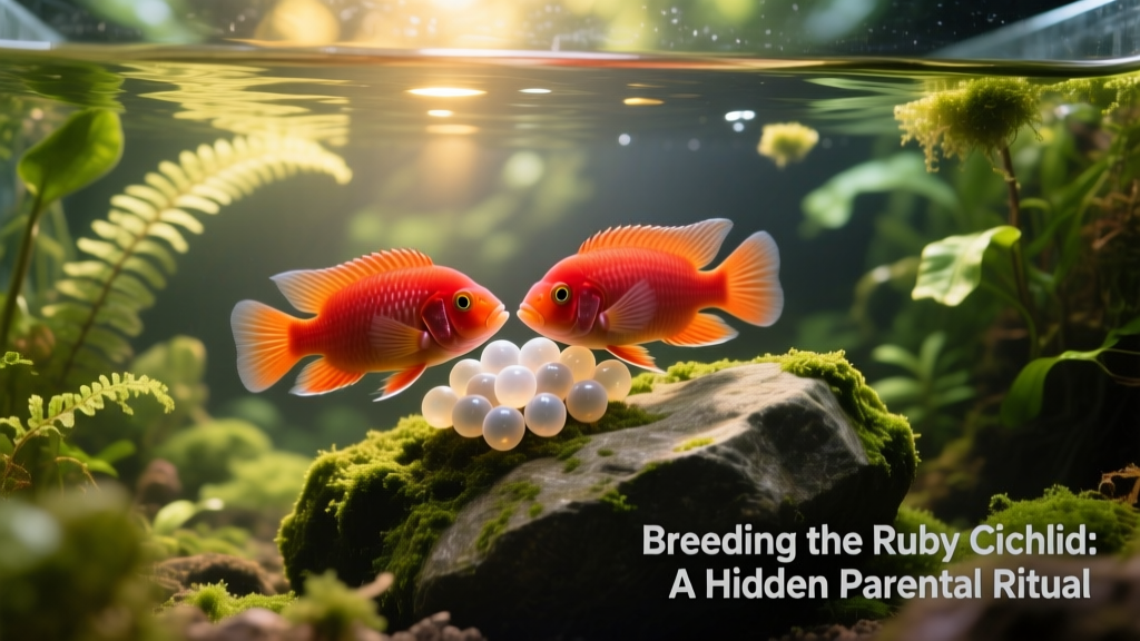 Jewel fish pair guarding a cluster of adhesive eggs laid on a smooth rock surface in a well-planted aquarium