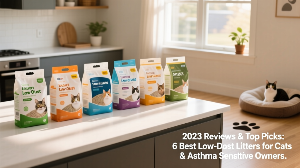 Side-by-side comparison of six low-dust cat litters in clean, well-lit home setting