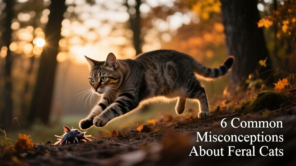 A feral cat hunting small prey near a wooded edge at dusk