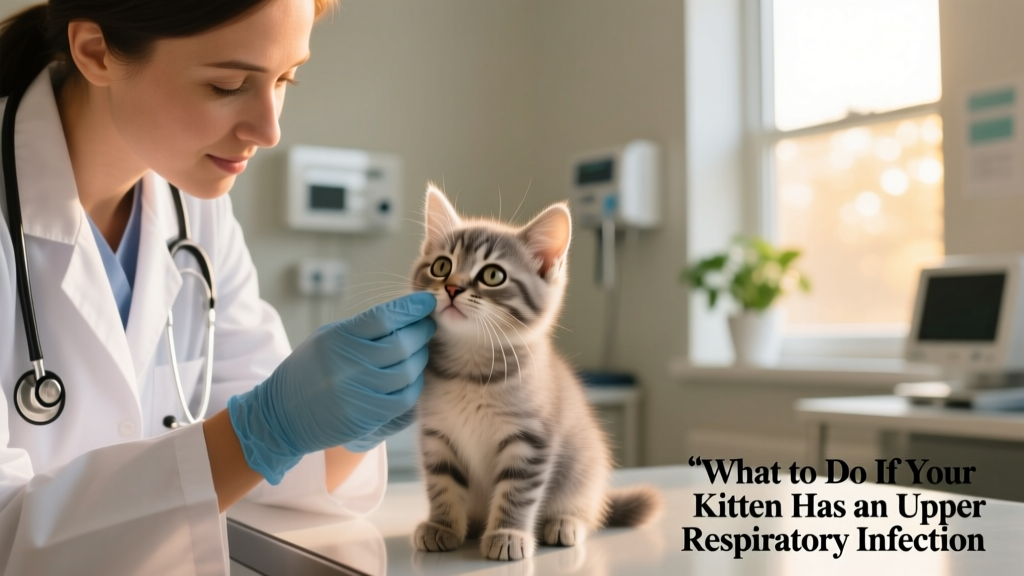 Veterinarian gently examining a kitten’s nose and eyes during a clinic visit