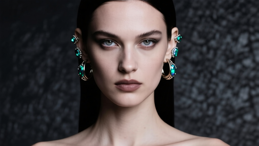 Model wearing pyrite ear cuffs and huggies on cartilage, showing a modern gothic aesthetic against a dark textured background.