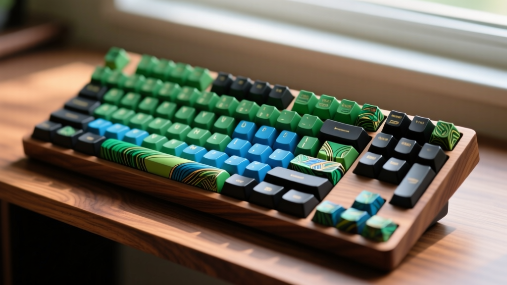 Close-up of a premium split ortholinear mechanical keyboard with custom keycaps resting on a walnut wood desk shelf.