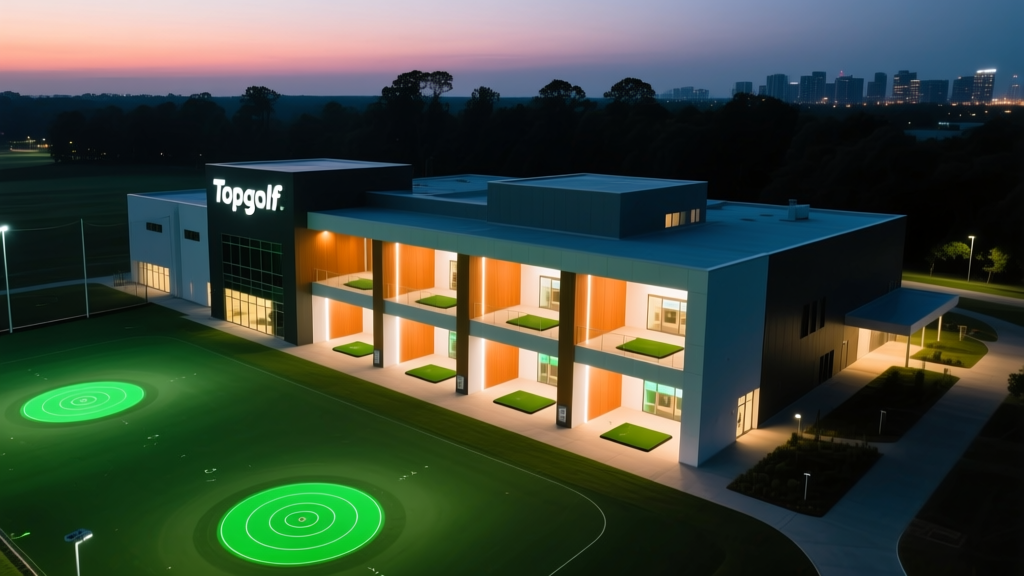 Aerial view of a three-story Topgolf complex at dusk, featuring illuminated driving bays and glowing green outfield targets
