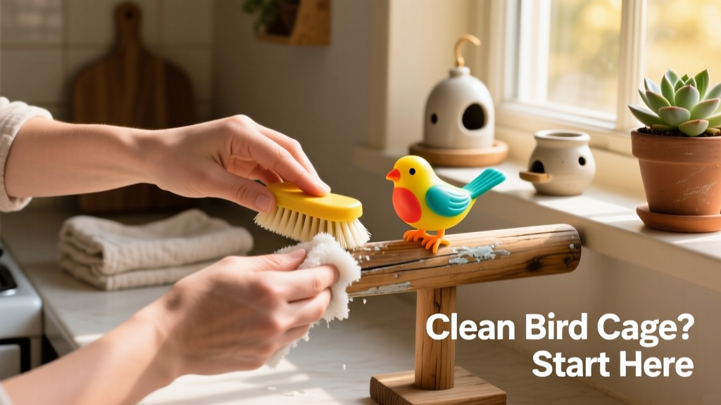 Hands scrubbing a wooden perch and plastic toy with a soft brush and bird-safe cleaner