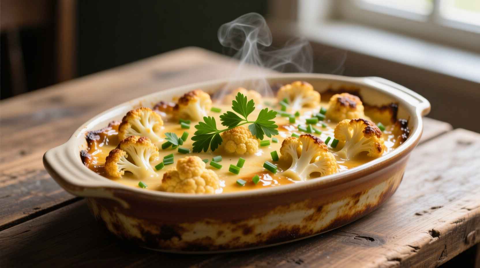 Golden cauliflower casserole with herb garnish