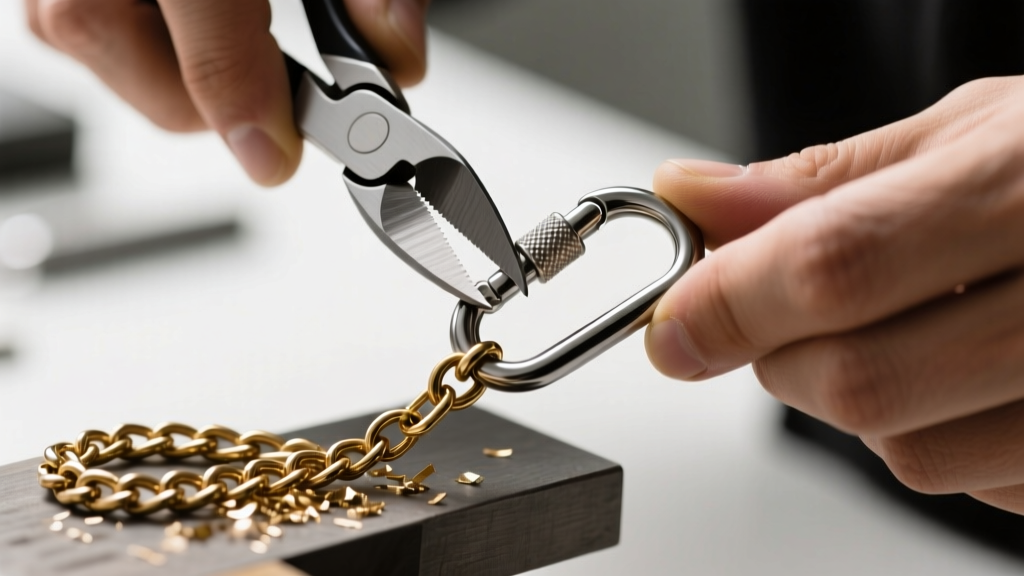 Close-up of jeweler hands using flush cutters to upgrade a standard lobster clasp to a 5mm titanium locking carabiner on a curb chain