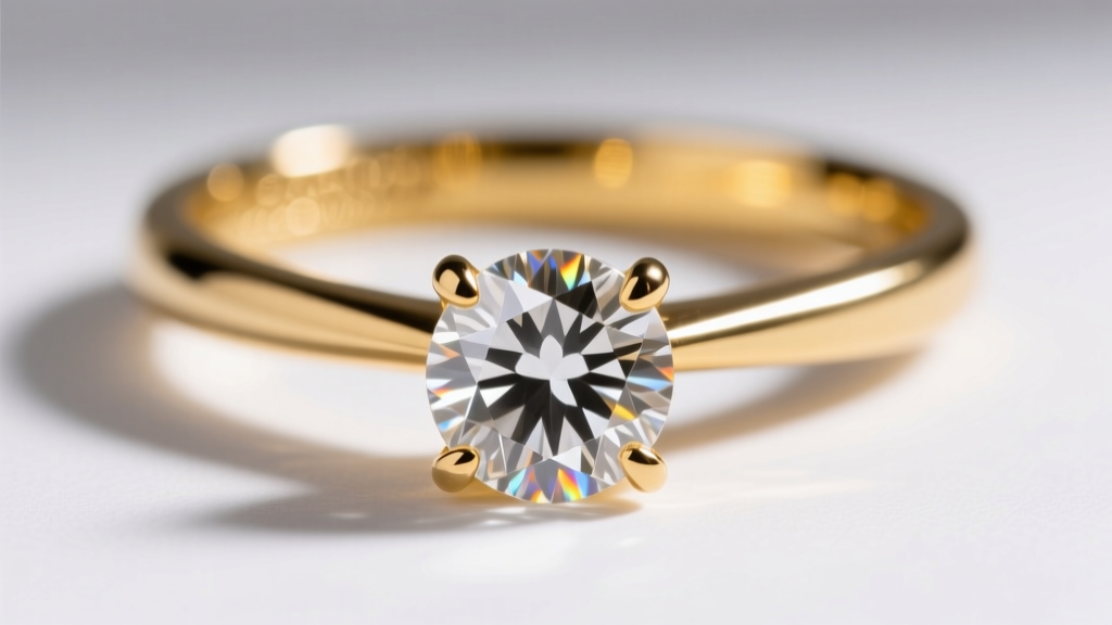 Extreme macro shot of a 14k yellow gold martini setting holding a brilliant round diamond, highlighting the three-prong structure.