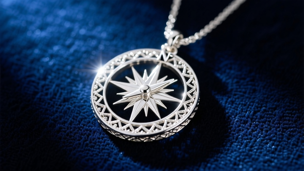 Silver Brighton Meridian compass pendant on navy velvet, showcasing intricate French cannetille filigree and starburst.