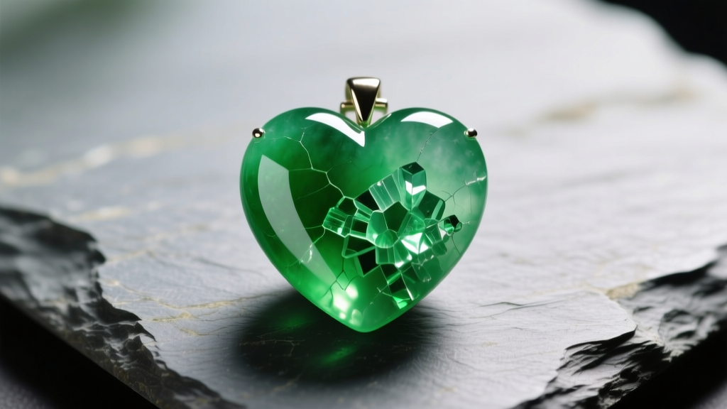 Macro shot of a vivid green jadeite heart pendant on slate, showing internal crystalline structures and a high-gloss polish.