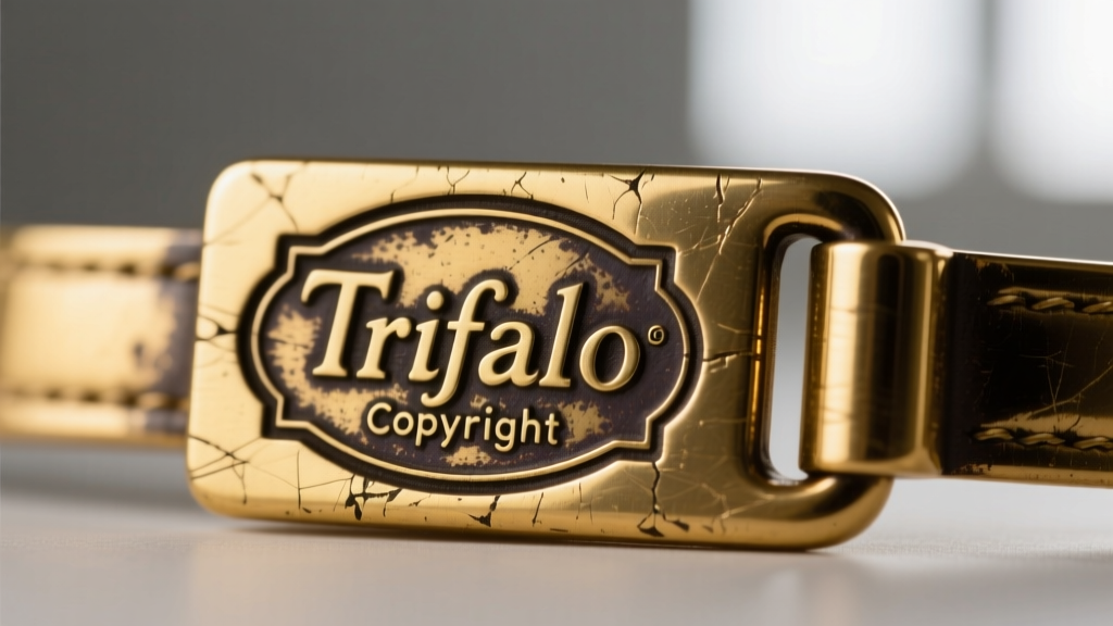 Macro shot of a vintage Trifari copyright mark stamped on a gold-tone clasp, revealing authentic 1960s wear and dark metal patina.