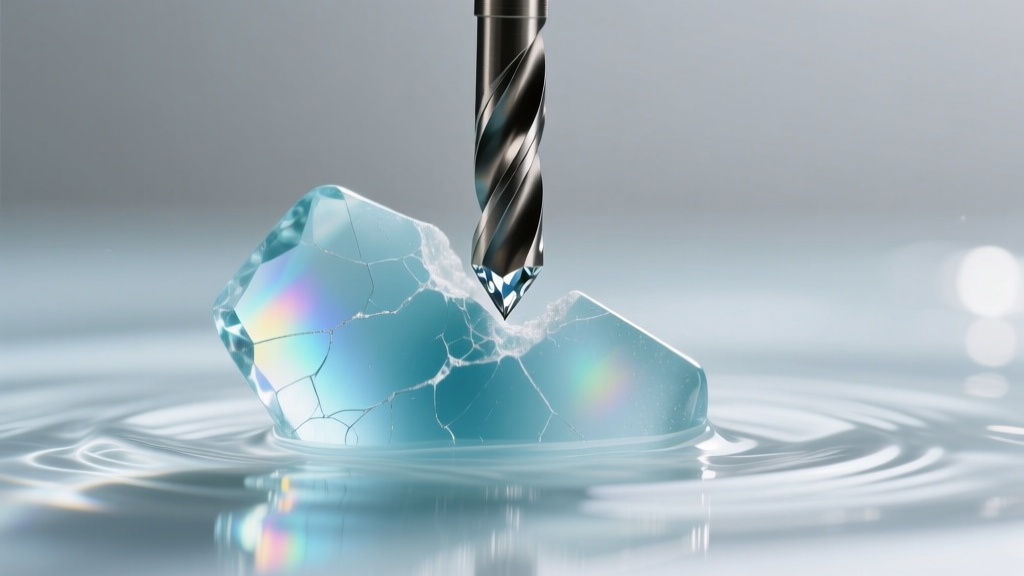 Flex shaft diamond drill bit piercing frosted blue sea glass submerged in a shallow water bath under bright lighting.