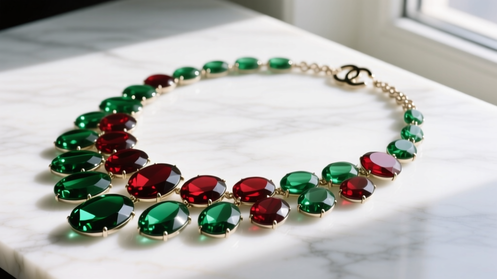 An 80s Chanel-style sautoir necklace with poured glass Gripoix stones in emerald green and ruby red resting on white marble.