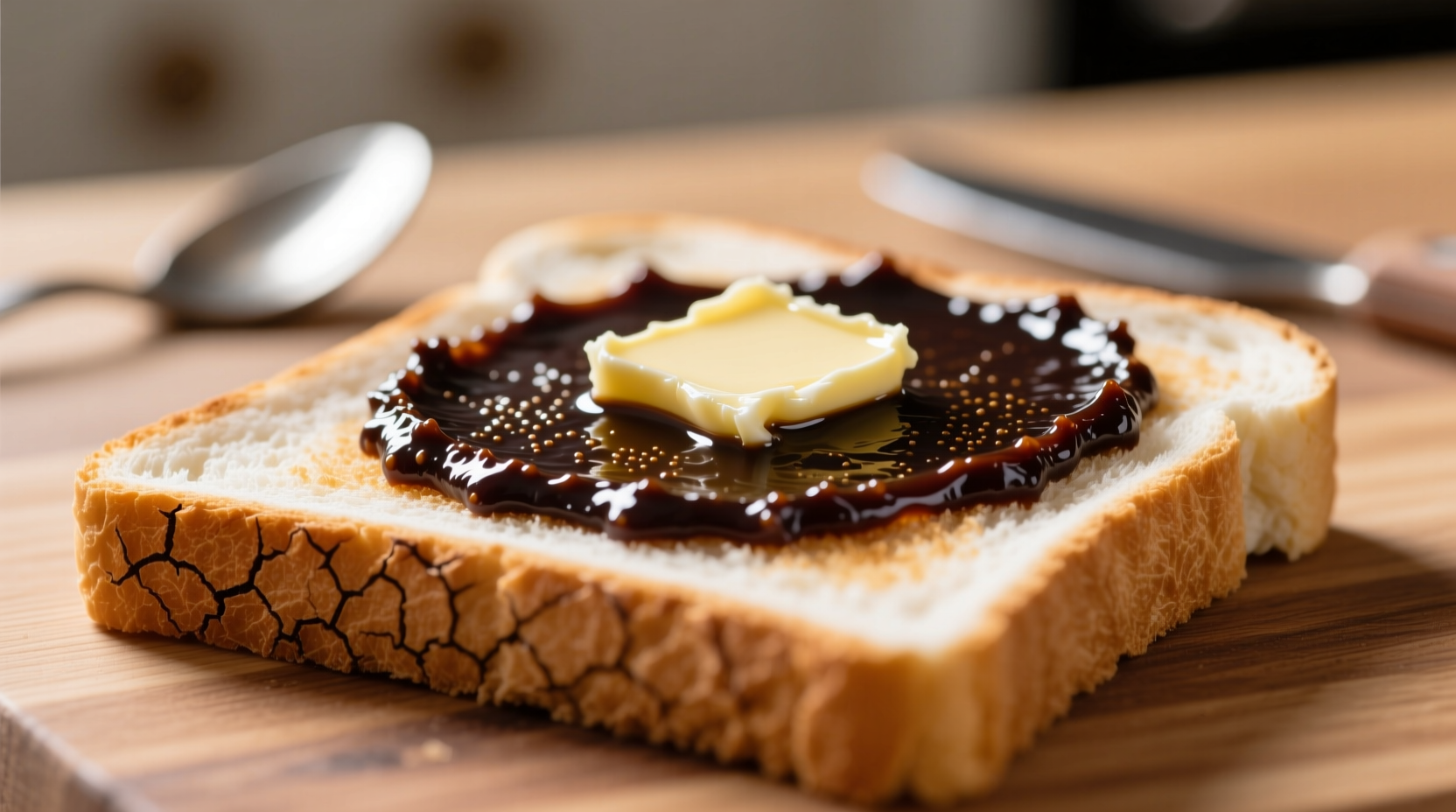 Thin layer of Vegemite spread on buttered toast